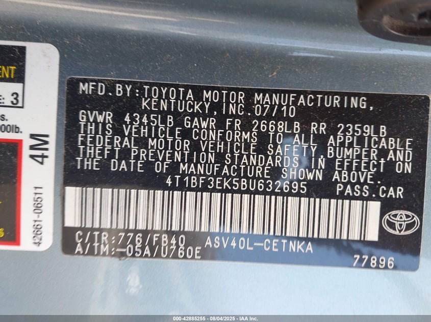 2011 Toyota Camry Le VIN: 4T1BF3EK5BU632695 Lot: 42885255