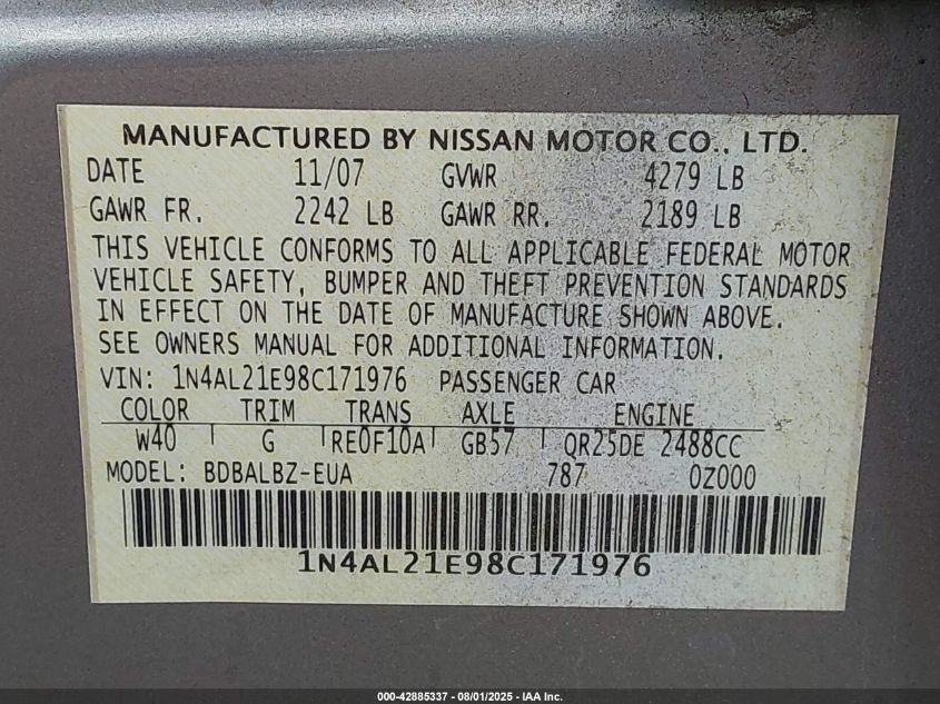 2008 Nissan Altima 2.5 S VIN: 1N4AL21E98C171976 Lot: 42885337