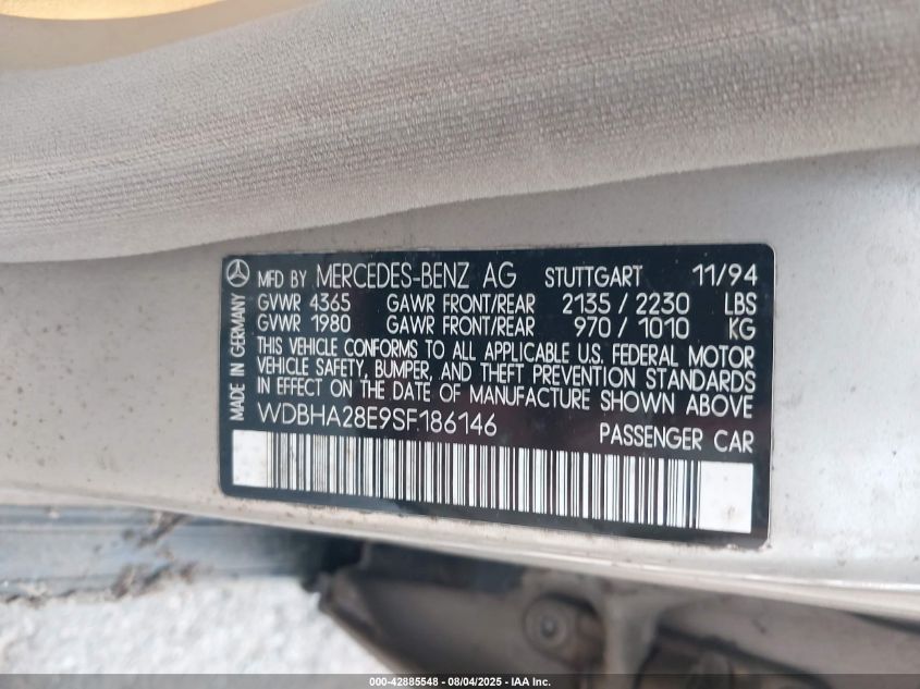 1995 Mercedes-Benz C 280 VIN: WDBHA28E9SF186146 Lot: 42885548