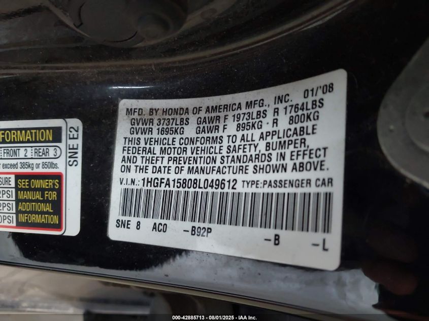 2008 Honda Civic Ex VIN: 1HGFA15808L049612 Lot: 42885713