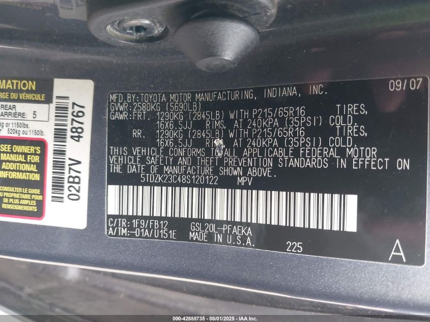 2008 Toyota Sienna Ce VIN: 5TDZK23C48S120122 Lot: 42885735