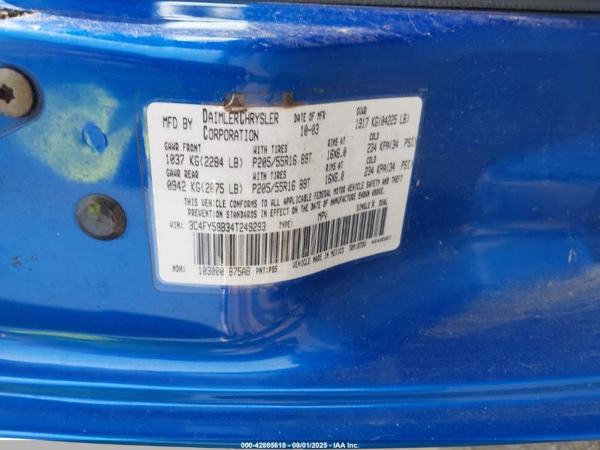 2004 Chrysler Pt Cruiser Touring VIN: 3C4FY58B34T249293 Lot: 42885818