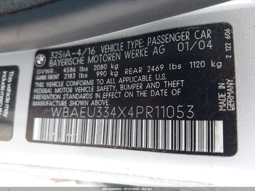2004 BMW 325Xi VIN: WBAEU334X4PR11053 Lot: 42885853
