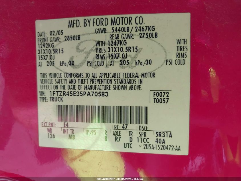 2005 Ford Ranger Edge/Fx4 Level Ii/Fx4 Off-Road/Xlt VIN: 1FTZR45E35PA70583 Lot: 42885907