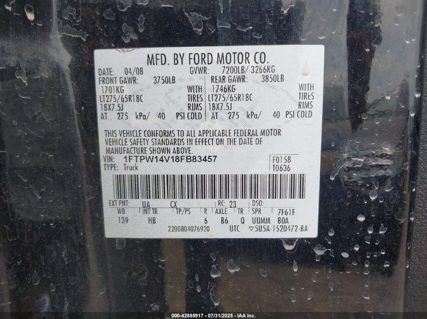 2008 Ford F-150 60Th Anniversary/Fx4/King Ranch/Lariat/Xlt VIN: 1FTPW14V18FB83457 Lot: 42885917