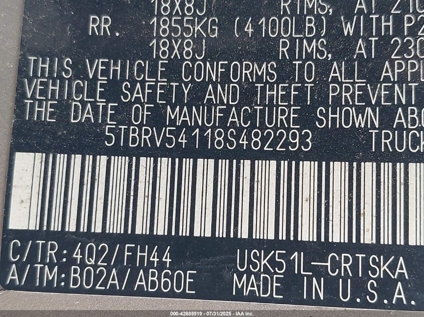 2008 Toyota Tundra Sr5 5.7L V8 VIN: 5TBRV54118S482293 Lot: 42885919