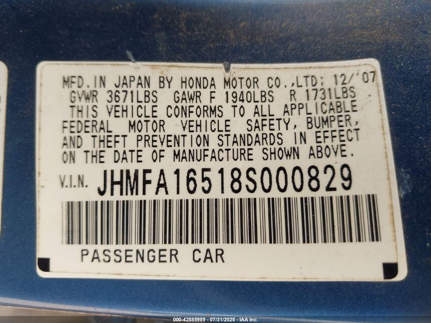 2008 Honda Civic Lx VIN: JHMFA16518S000829 Lot: 42885989