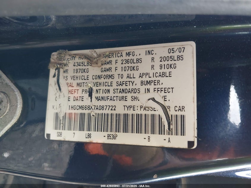 2007 Honda Accord 3.0 Ex VIN: 1HGCM668X7A087722 Lot: 42885993