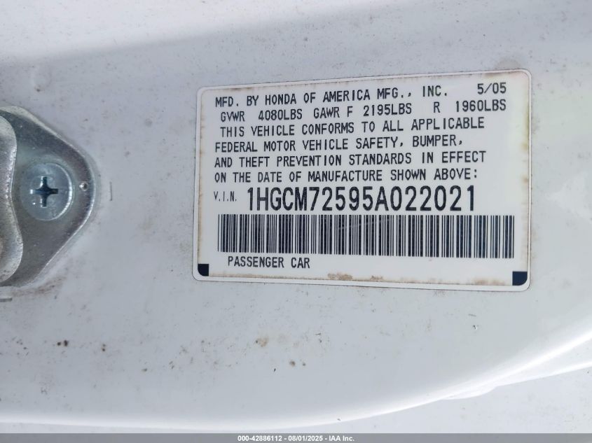 2005 Honda Accord 2.4 Lx Special Edition VIN: 1HGCM72595A022021 Lot: 42886112