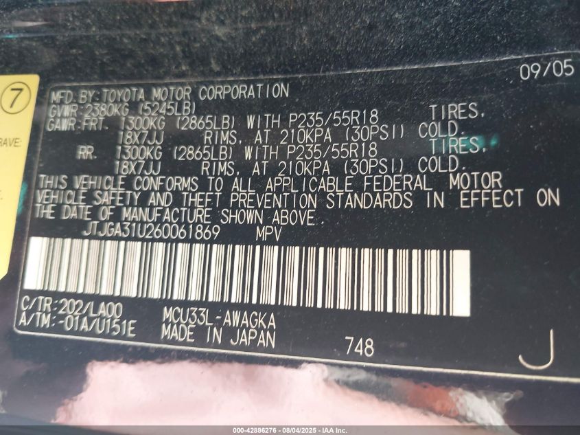 2006 Lexus Rx 330 VIN: JTJGA31U260061869 Lot: 42886276