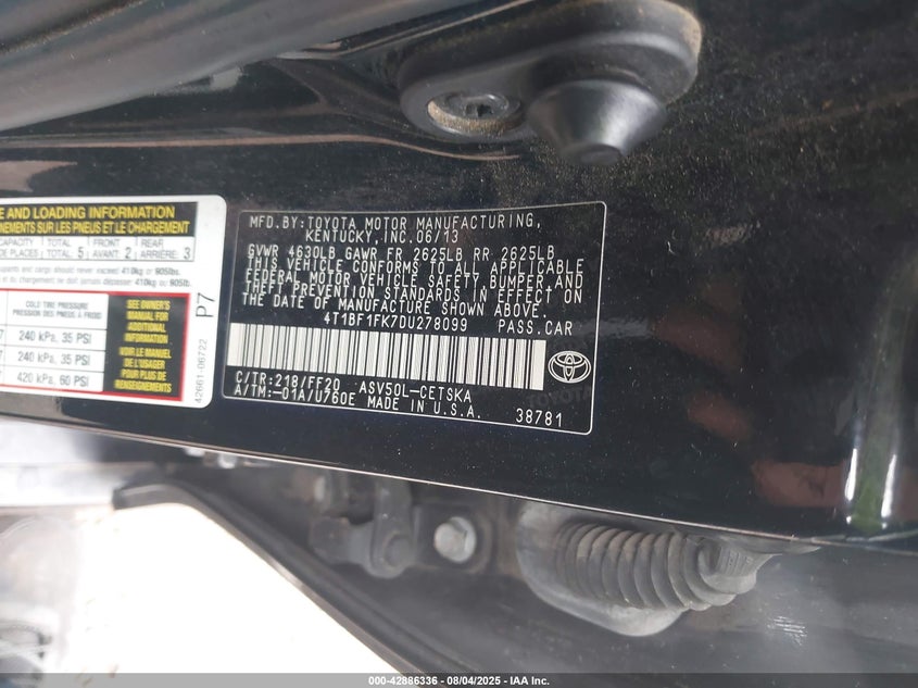 2013 Toyota Camry Se VIN: 4T1BF1FK7DU278099 Lot: 42886336