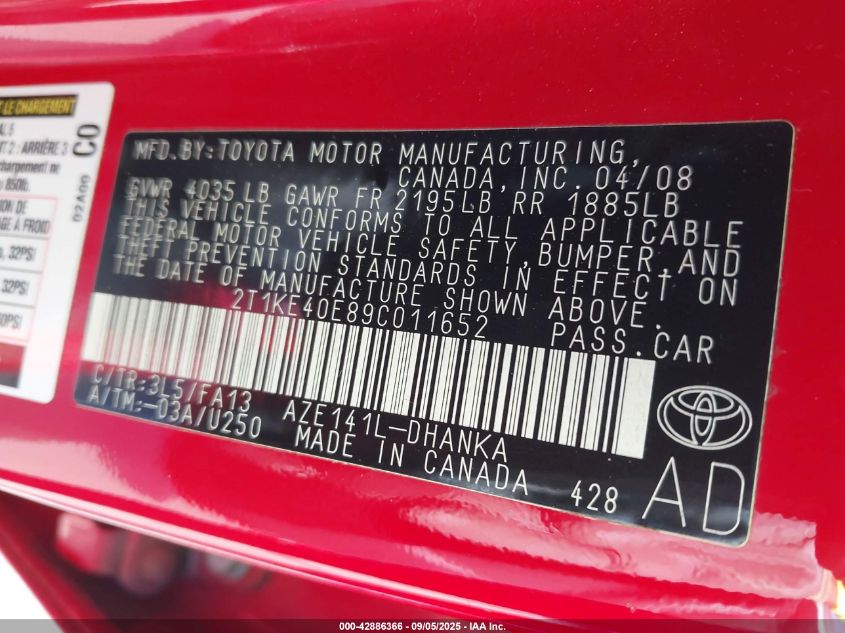 2009 Toyota Matrix S VIN: 2T1KE40E89C011652 Lot: 42886366