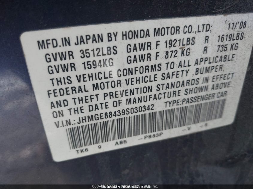 2009 Honda Fit Sport VIN: JHMGE88439S030342 Lot: 42886370