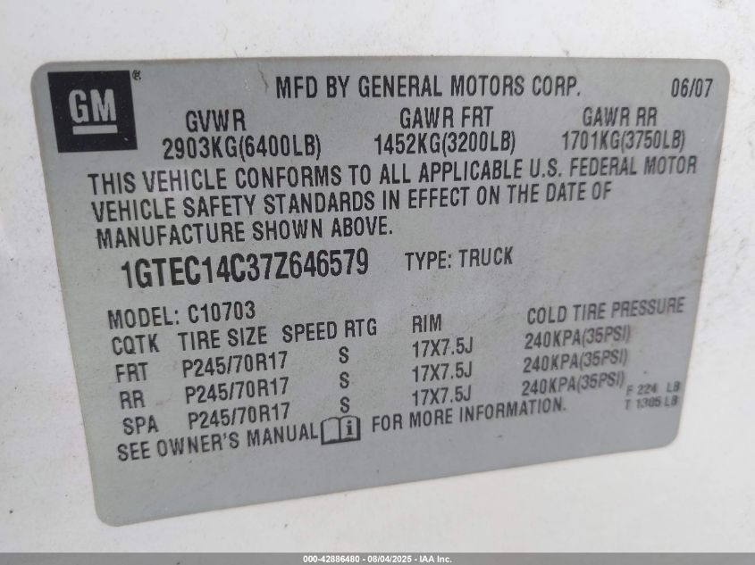 2007 GMC Sierra 1500 Work Truck VIN: 1GTEC14C37Z646579 Lot: 42886480
