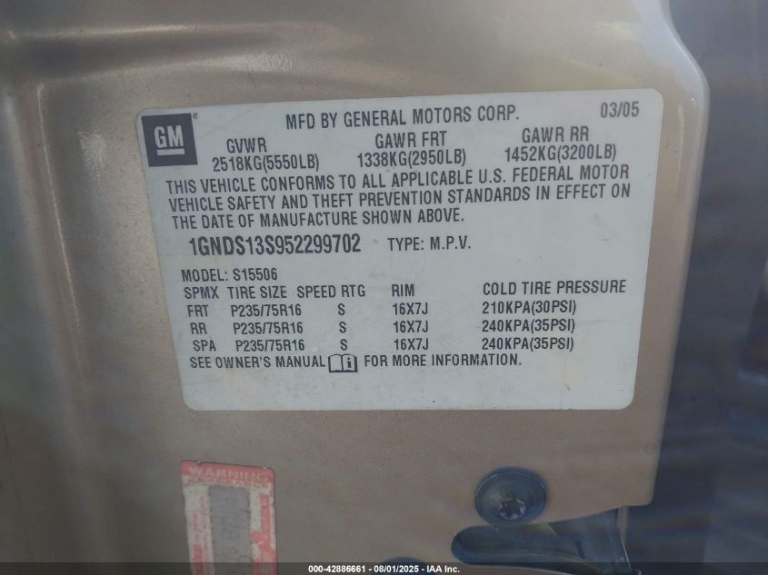 2005 Chevrolet Trailblazer Ls VIN: 1GNDS13S952299702 Lot: 42886661