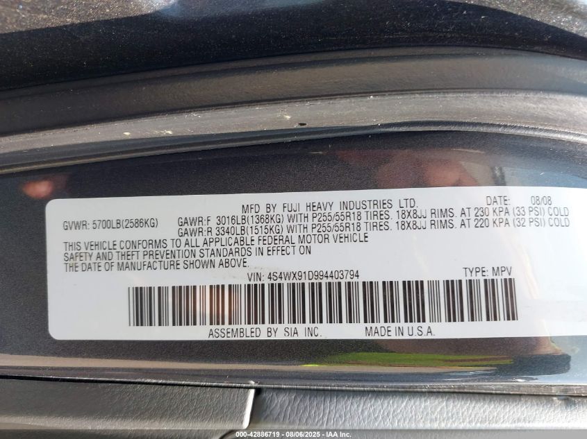 2009 Subaru Tribeca Base 5-Passenger VIN: 4S4WX91D994403794 Lot: 42886719