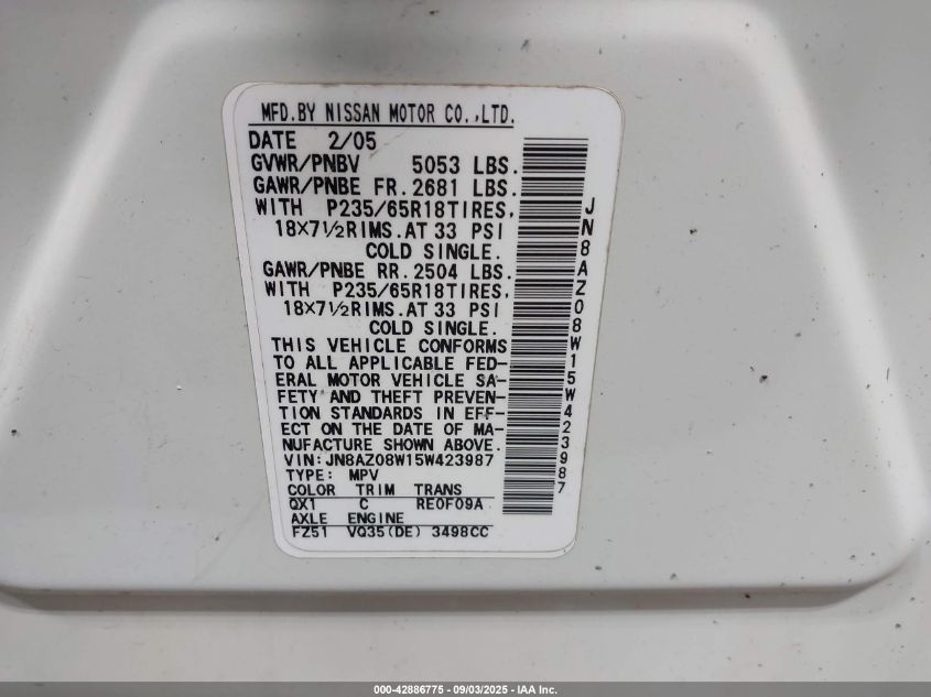2005 Nissan Murano Sl VIN: JN8AZ08W15W423987 Lot: 42886775