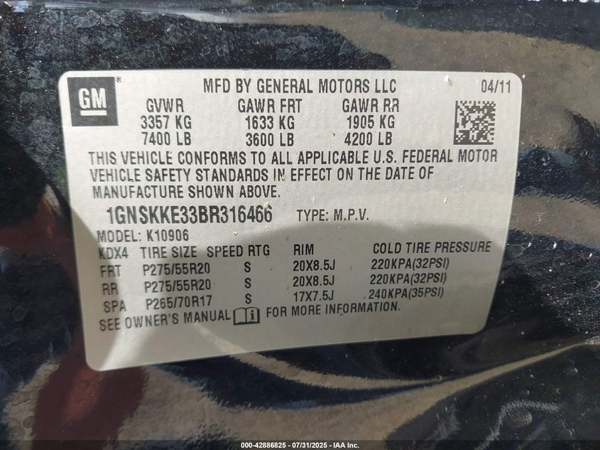 1GNSKKE33BR316466 2011 CHEVROLET EXPRESS photo no. 9