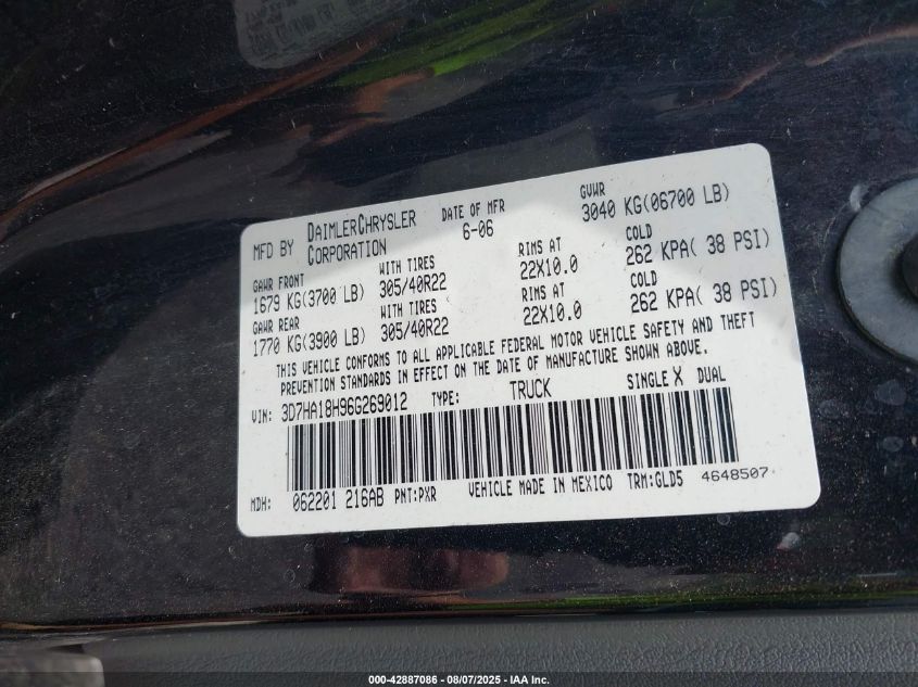 2006 Dodge Ram 1500 Srt-10 VIN: 3D7HA18H96G269012 Lot: 42887086