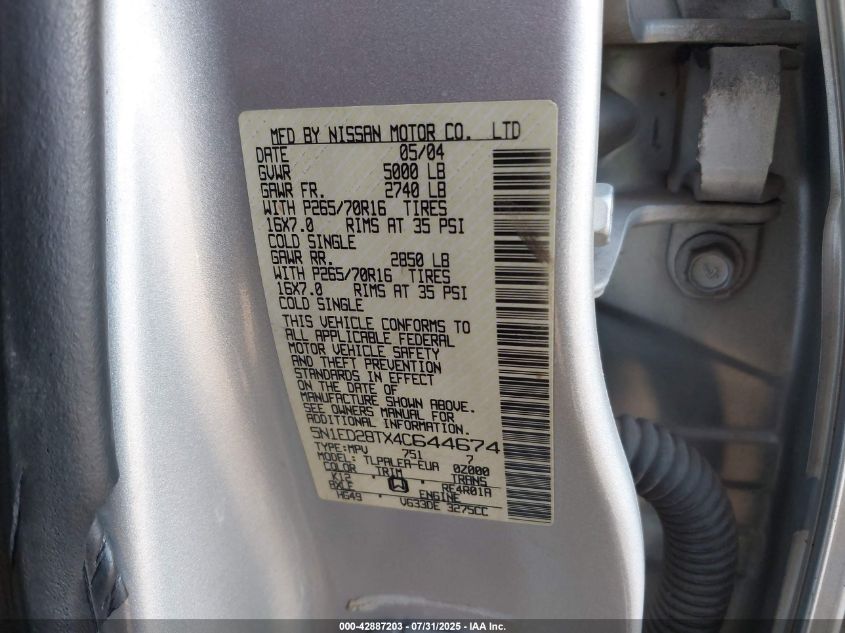 2004 Nissan Xterra Xe VIN: 5N1ED28TX4C644674 Lot: 42887203