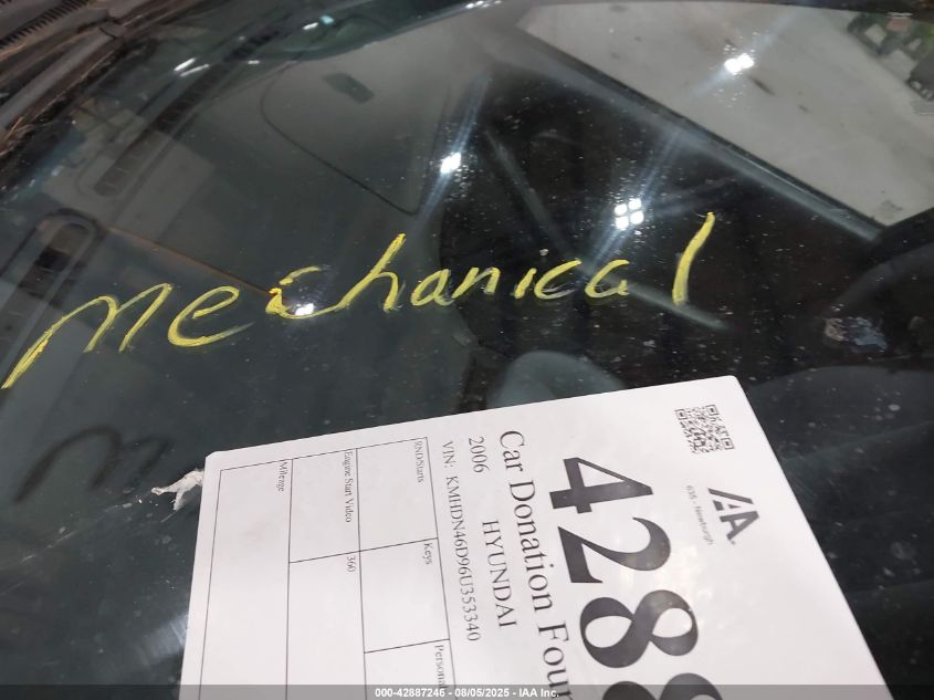 2006 Hyundai Elantra Gls/Limited VIN: KMHDN46D96U353340 Lot: 42887246