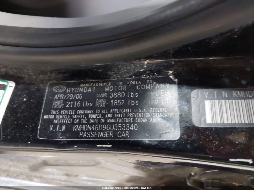 2006 Hyundai Elantra Gls/Limited VIN: KMHDN46D96U353340 Lot: 42887246