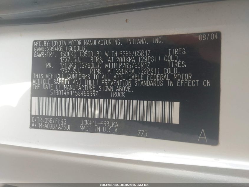 2005 Toyota Tundra Limited V8 VIN: 5TBDT48145S466587 Lot: 42887365