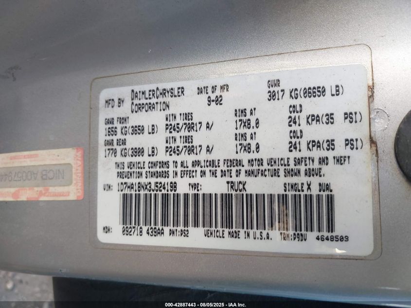 2003 Dodge Ram 1500 Slt/Laramie/St VIN: 1D7HA18NX3J524198 Lot: 42887443