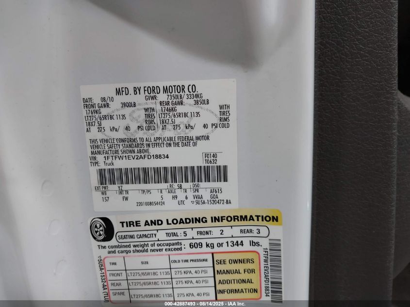 2010 Ford F-150 Xlt VIN: 1FTFW1EV2AFD18834 Lot: 42887493