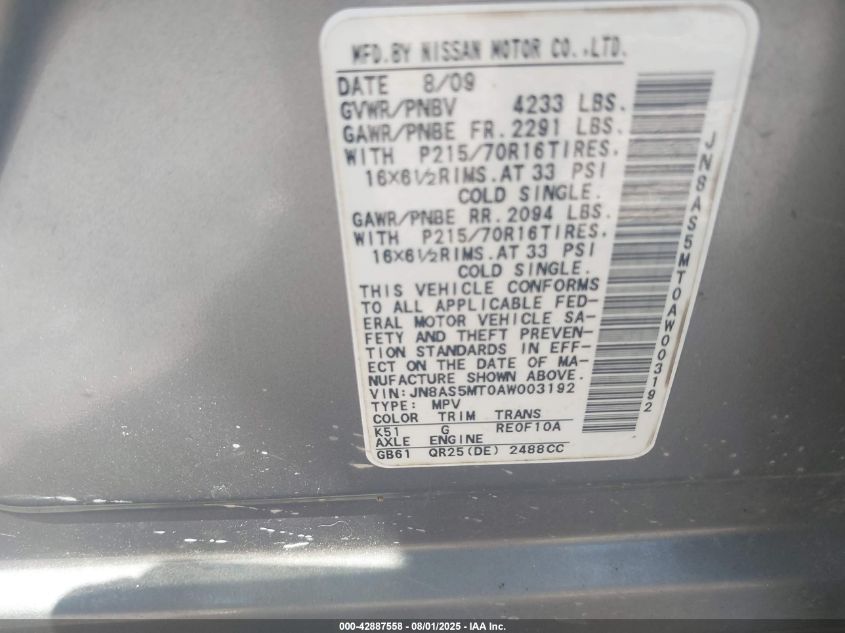 2010 Nissan Rogue S/Sl/Krom VIN: JN8AS5MTOAW003192 Lot: 42887558