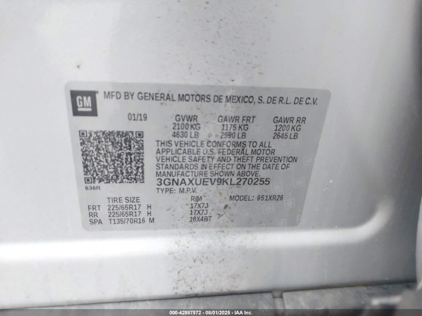 2019 Chevrolet Equinox Lt VIN: 3GNAXUEV9KL270255 Lot: 42887572