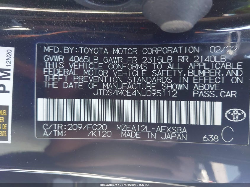 2022 TOYOTA COROLLA SE - JTDS4MCE4NJ095112