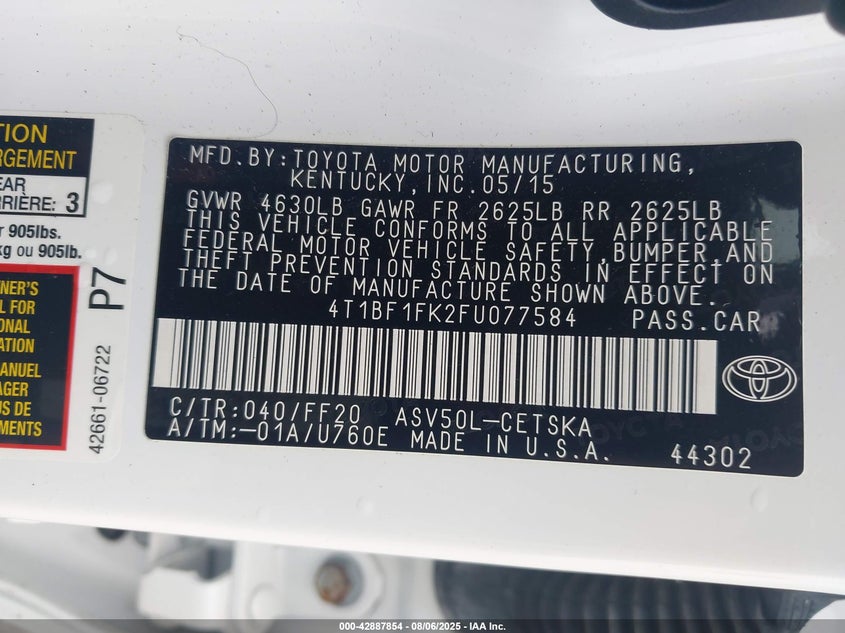 2015 Toyota Camry Se VIN: 4T1BF1FK2FU077584 Lot: 42887854