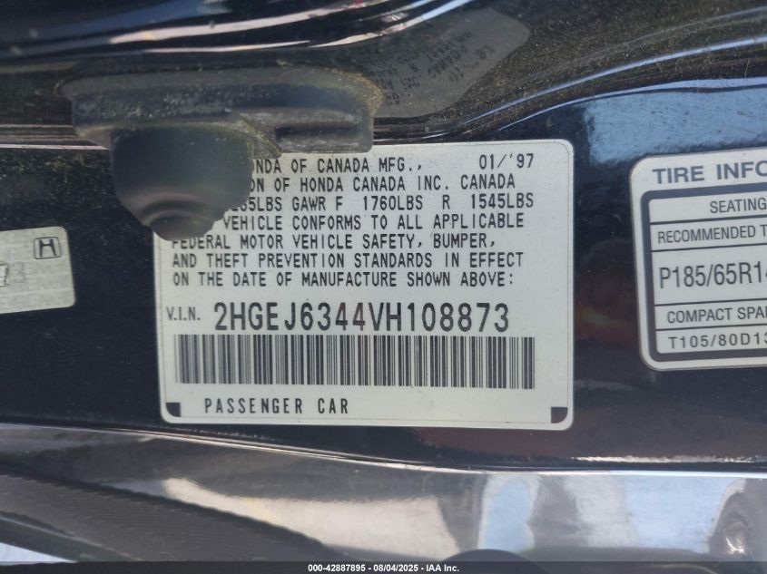 1997 Honda Civic Dx VIN: 2HGEJ6344VH108873 Lot: 42887895