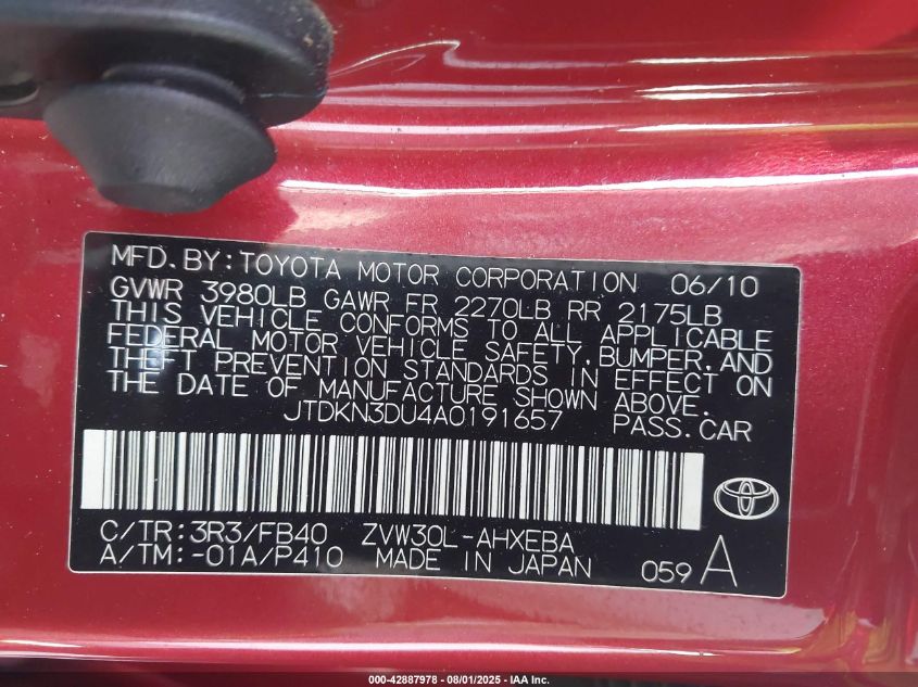2010 Toyota Prius Iii VIN: JTDKN3DU4A0191657 Lot: 42887978