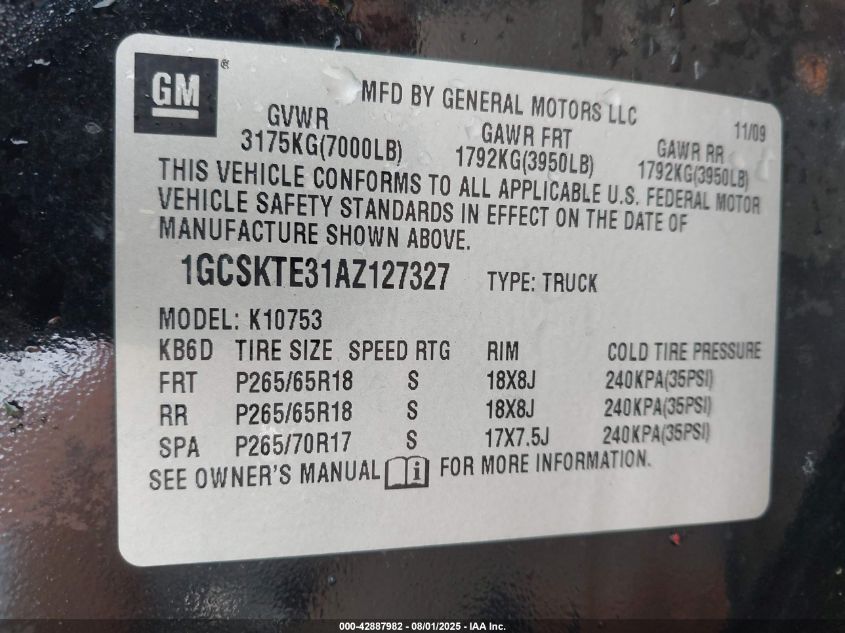 2010 Chevrolet Silverado 1500 Ltz VIN: 1GCSKTE31AZ127327 Lot: 42887982