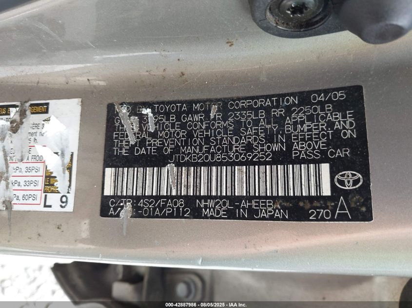 2005 Toyota Prius VIN: JTDKB20U853069252 Lot: 42887986