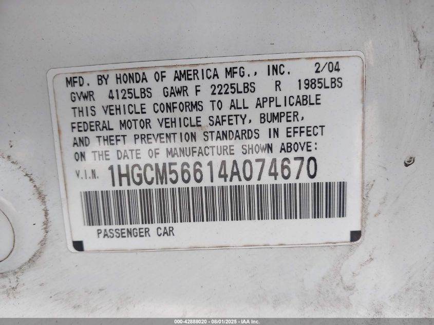 2004 Honda Accord 2.4 Ex VIN: 1HGCM56614A074670 Lot: 42888020