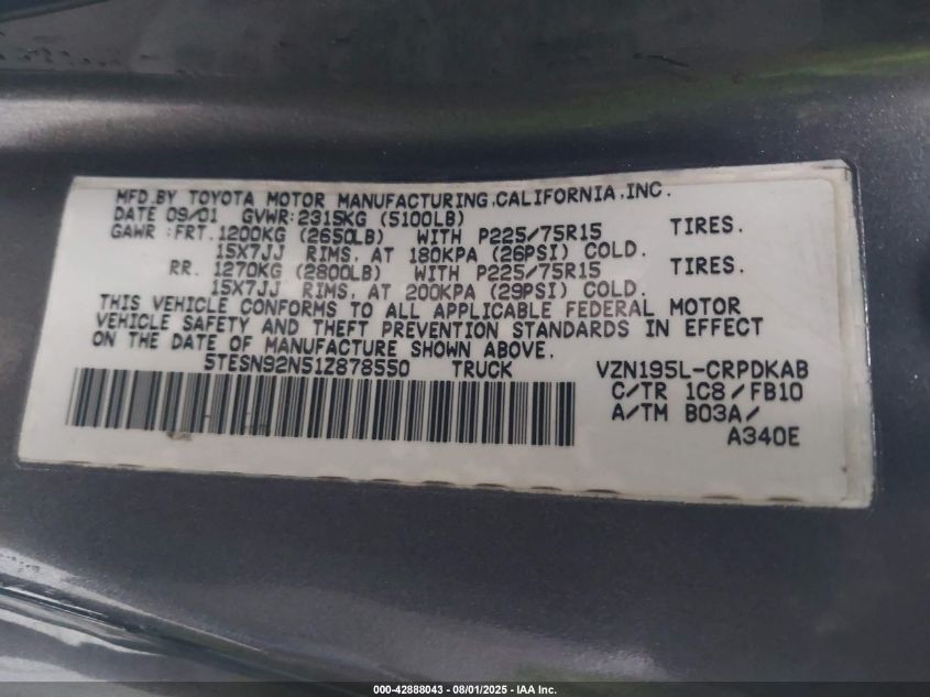 2001 Toyota Tacoma Prerunner V6 VIN: 5TESN92N51Z878550 Lot: 42888043