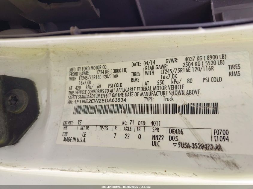 2014 Ford E-250 Commercial VIN: 1FTNE2EW2EDA63634 Lot: 42888124