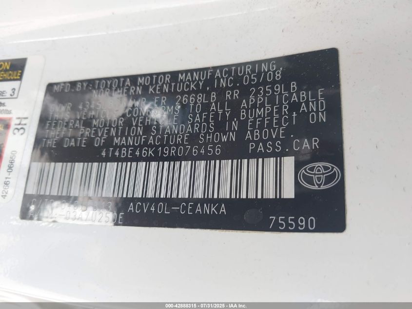 2009 Toyota Camry Le VIN: 4T4BE46K19R076456 Lot: 42888315