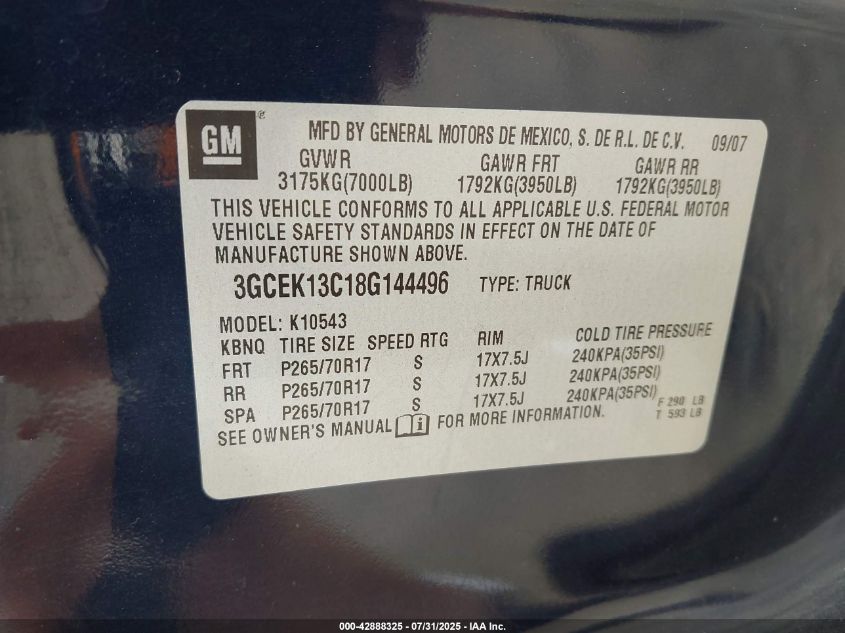 2008 Chevrolet Silverado 1500 Lt1 VIN: 3GCEK13C18G144496 Lot: 42888325