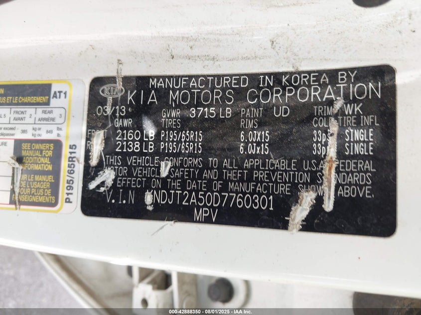 2013 Kia Soul VIN: KNDJT2A50D7760301 Lot: 42888350
