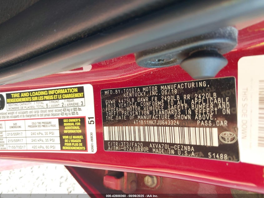 2018 Toyota Camry Le VIN: 4T1B11HK7JU643324 Lot: 42888360