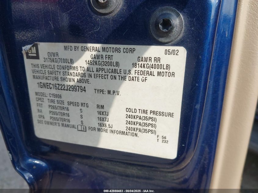 2002 Chevrolet Suburban 1500 Ls VIN: 1GNEC16Z22J299794 Lot: 42888483