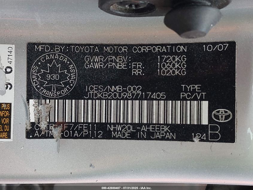 2008 Toyota Prius VIN: JTDKB20U987717405 Lot: 42888487