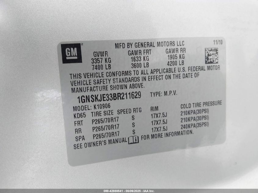 2011 Chevrolet Suburban 1500 Lt1 VIN: 1GNSKJE33BR211629 Lot: 42888541