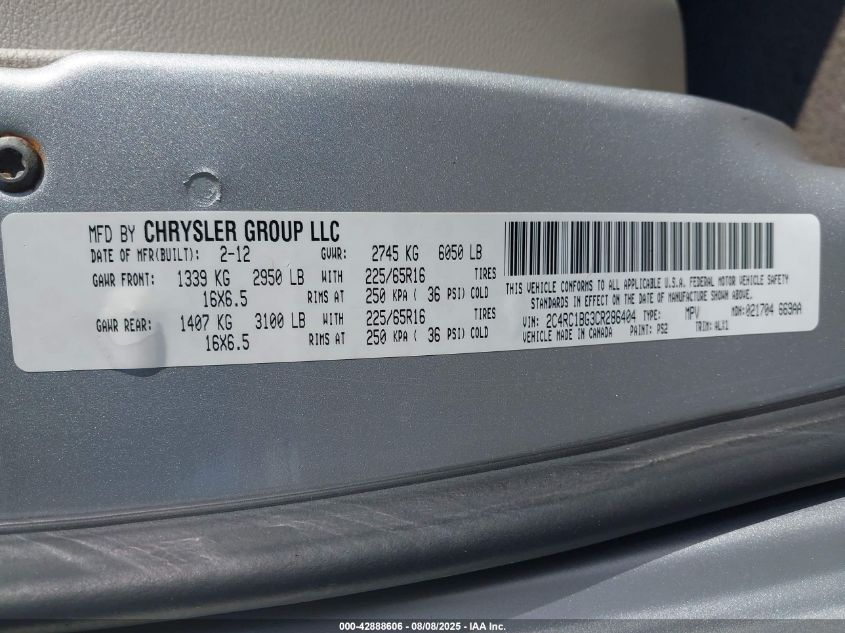 2012 Chrysler Town & Country Touring VIN: 2C4RC1BG3CR286404 Lot: 42888606