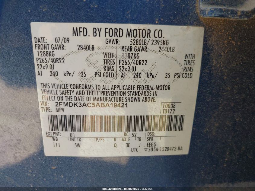 2010 Ford Edge Sport VIN: 2FMDK3AC5ABA19421 Lot: 42888626