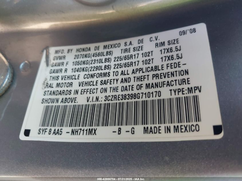 2008 Honda Cr-V Lx VIN: 3CZRE38398G710170 Lot: 42888704